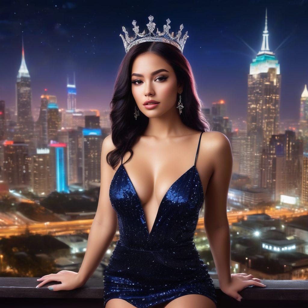 A glamorous portrait of a captivating woman reminiscent of iconic adult film stars, surrounded by shimmering lights and an aura of allure. Incorporate elements that symbolize empowerment and transformation in the adult entertainment industry, such as a broken shackle or a crown. The backdrop should blend a night cityscape with both elegance and vibrant nightlife. super-realistic. vibrant colors. cinematic lighting.